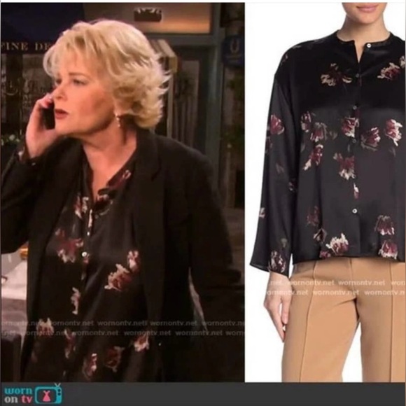 VINCE Black silk blouse with tulip print,size xs - Picture 2 of 16